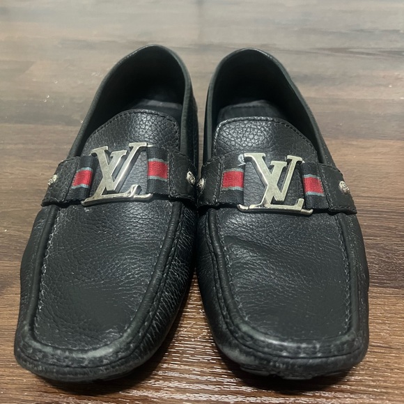 Authentic Louis Vuitton Mens Black and Red Leather Loafers - Picture 1 of 6